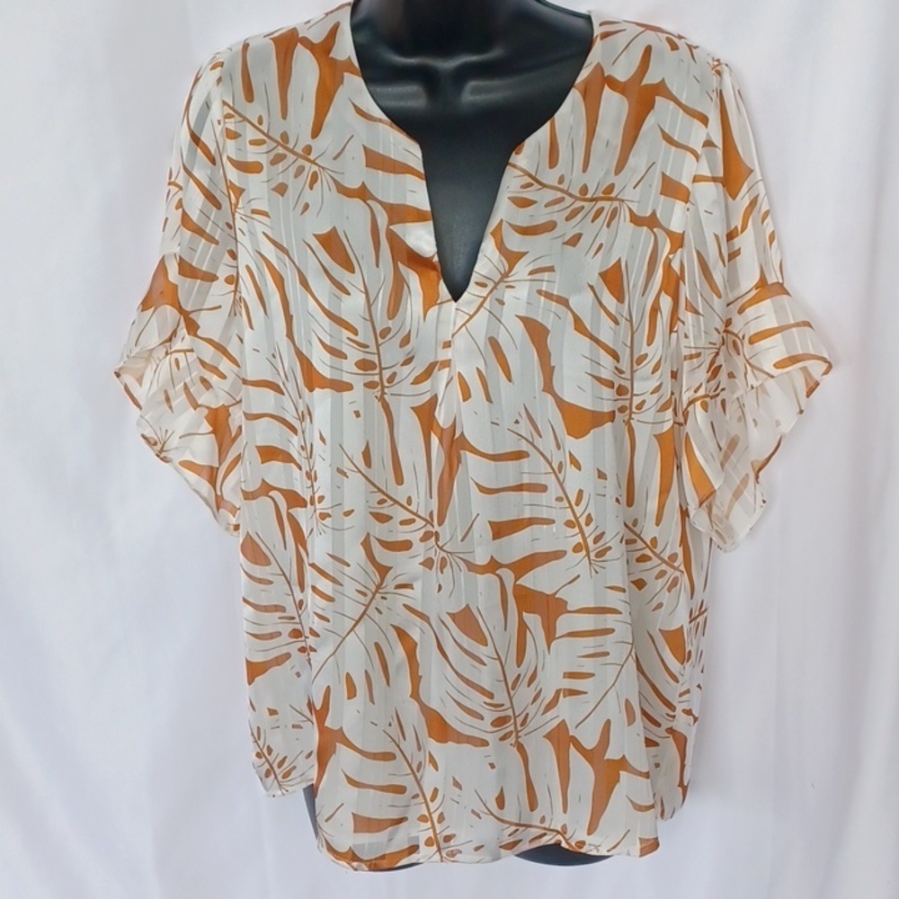 Renuar Short Flutter Sleeve Oversized Tunic, Cream & Nutmeg, size S, lined